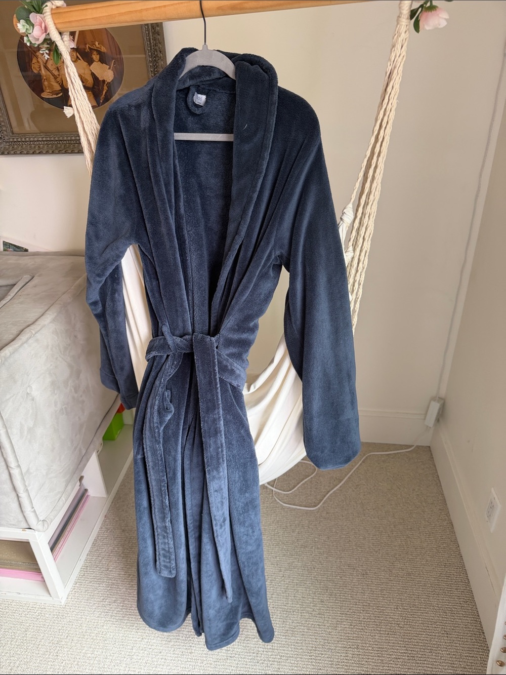 Restoration Hardware Plush Shawl Collar Robe Coat in Dark Charcoal Blue